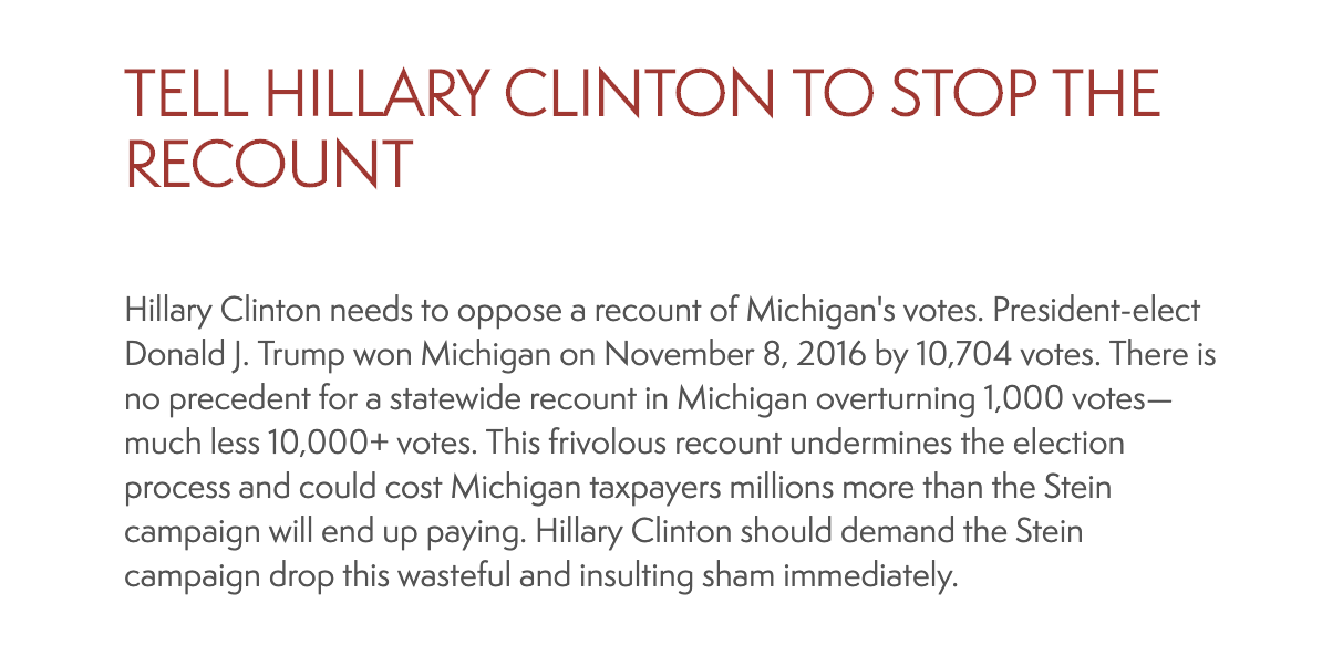 KFILE's tweet photo. "There is no precedent for a statewide recount in Michigan overturning 1,000 votes—much less 10,000+ votes. This frivolous recount undermines the election," - Michigan Republican Party 2016.

https://t.co/jwjEZ2rALF https://t.co/OeZt55GhP2