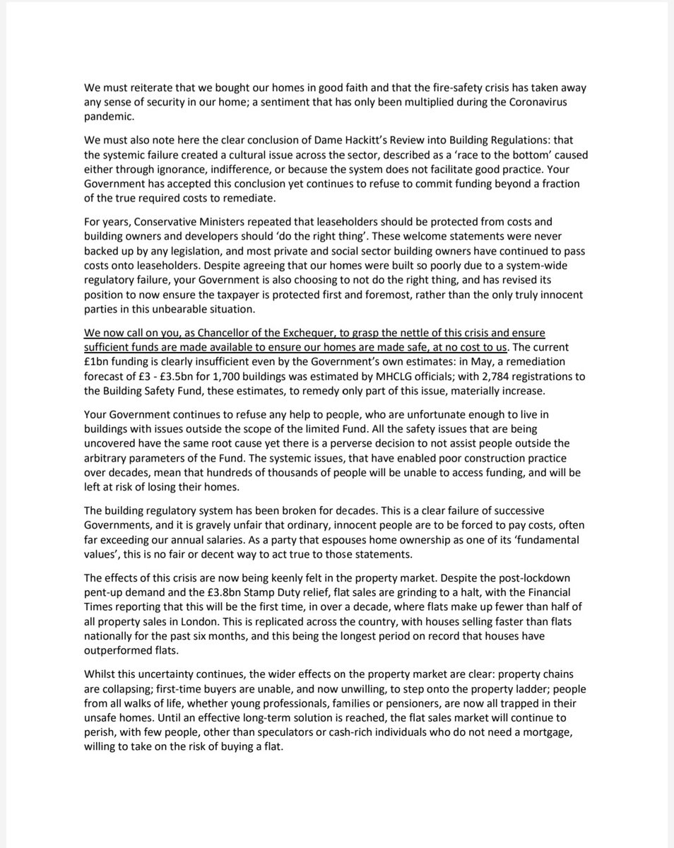 EOCS_Official's tweet photo. Dear Friends,

We have written to @RishiSunak @hmtreasury ahead of the forthcoming Spending Review; please find a copy attached.

We seem to have been failed by @RobertJenrick so we now must call on the Chancellor to please #SaveUsSunak &amp; #EndOurCladdingScandal 🙏

CC @HMTAllegra https://t.co/2hSCqpBOul