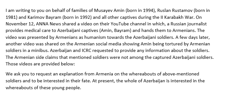 hamid_oktay's tweet photo. Dear #ICRC (#RedCross), #IFRC, #UN (#UnitedNations),

Please help us to #BringBackAmin, #BringBackBayram, #BringBackRuslan and #BringBackAllCaptives

https://t.co/1FkVMKe0c7

@michexpresident @MichelleBachel @UNGeneva  @Shevchenkomax @cnnturk @CNN @BBCWorld https://t.co/Wwjr9YomX2