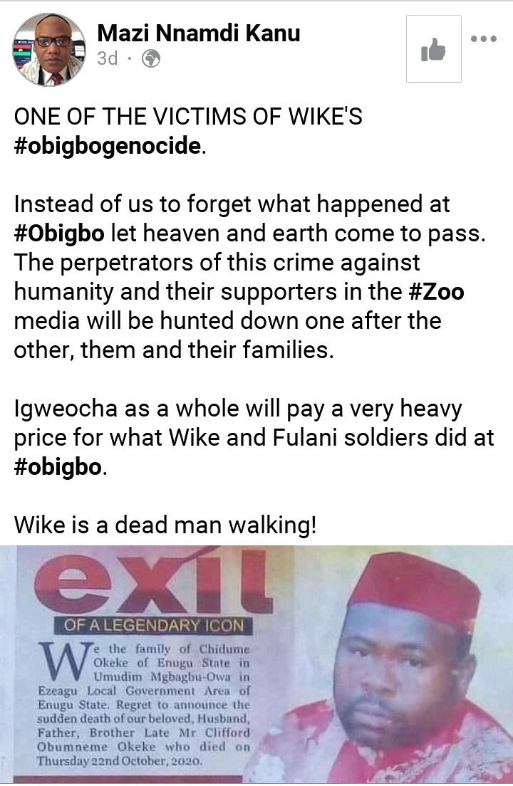 UFBiafraFreedom's tweet image. Mazi Clifford was killed in #Obigbo by the @HQNigerianArmy 22nd Oct, 2020. #GovWike turn against his own people just because the fulani promise to make him the next vice president of the dying terrorist country called #Nigeria.
#EndSARS #EndNigeriaNow 
@MaziNnamdiKanu