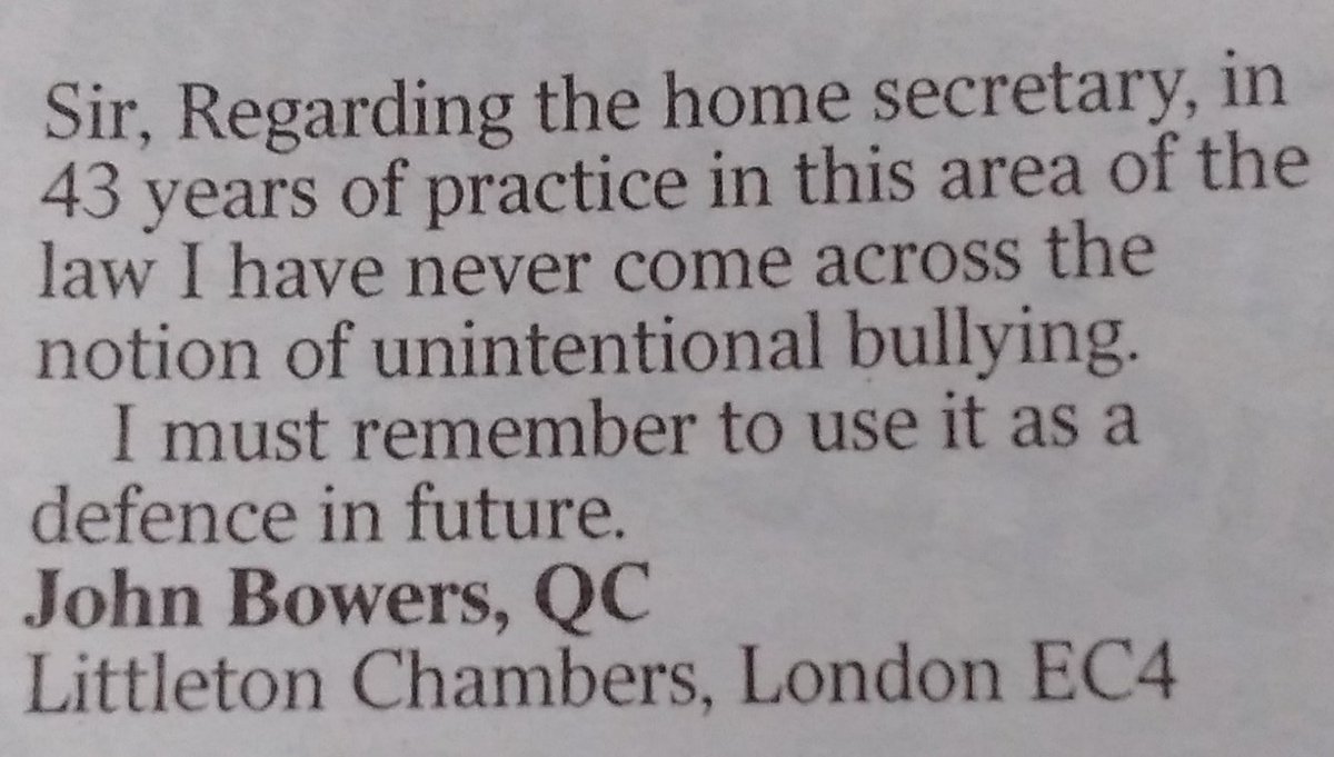 snigskitchen's tweet photo. Unintentional bullying. A defence coming to an Employment Tribunal near you... John Bowers QC's letter in The Times. #ukemplaw https://t.co/JYiMWmHmom
