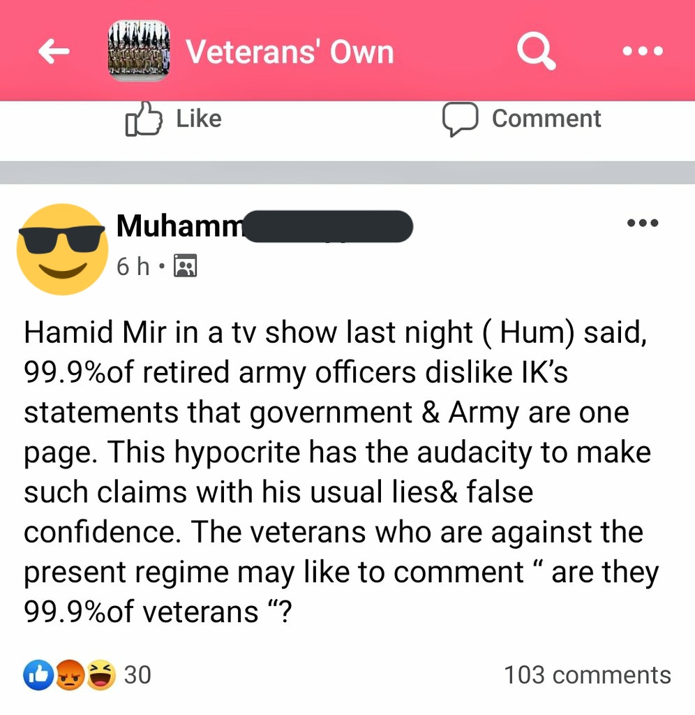 soldierspeaks's tweet photo. @HamidMirPAK in a talk show last night on @humnewspakistan said, 99.9% of retd Army officers dislike @ImranKhanPTI statements tht Govt &amp; Army r on one page

His claims r based on lies &amp; false confidence says 99.9% veterans on pvt SM forums alongside abusive comments for Hamid Mir https://t.co/fYSp4oynYM