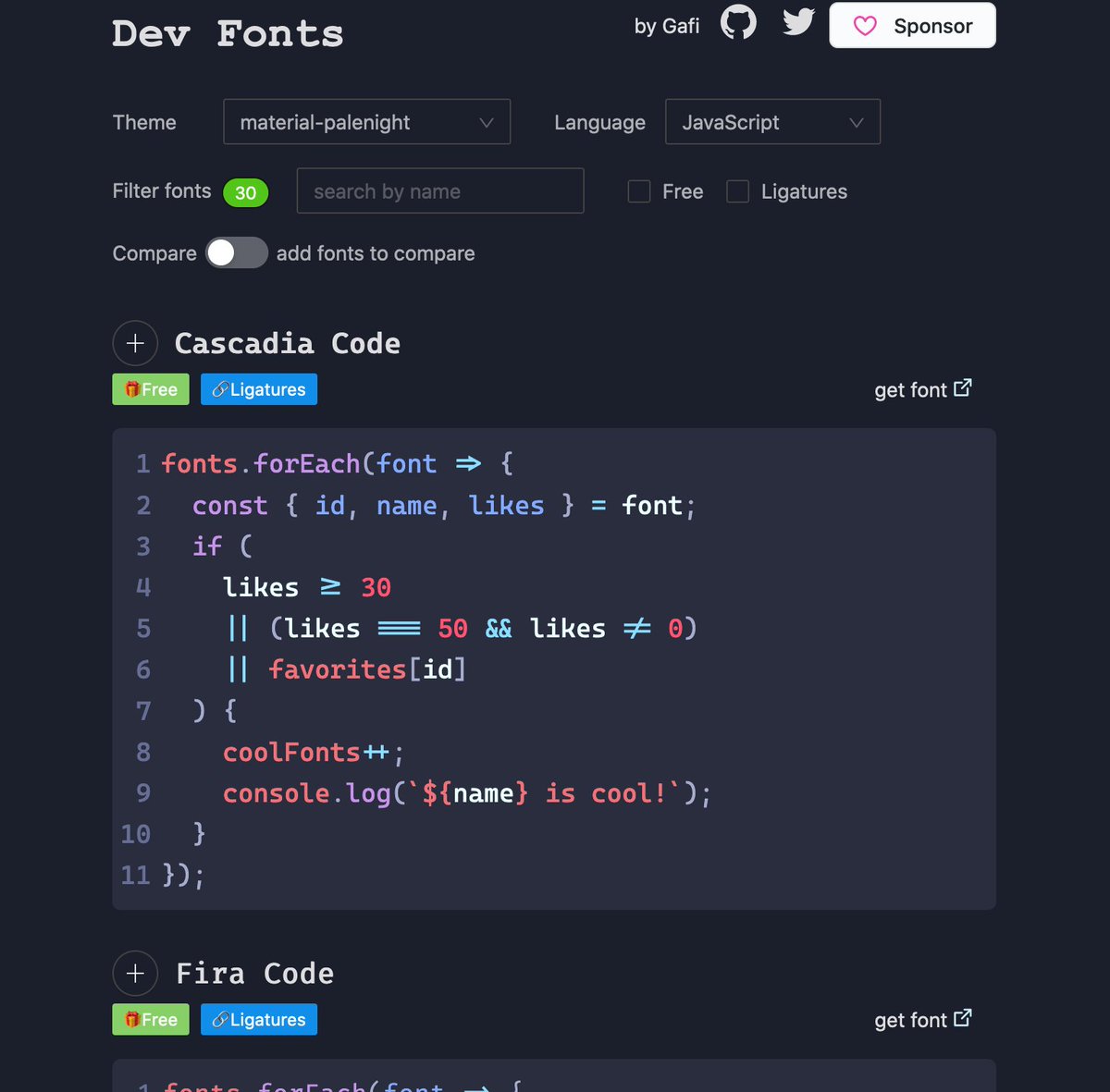 Two excellent resources to get fancy with your editor font setup. 🙈 👇

coding-fonts.css-tricks.com
devfonts.gafi.dev