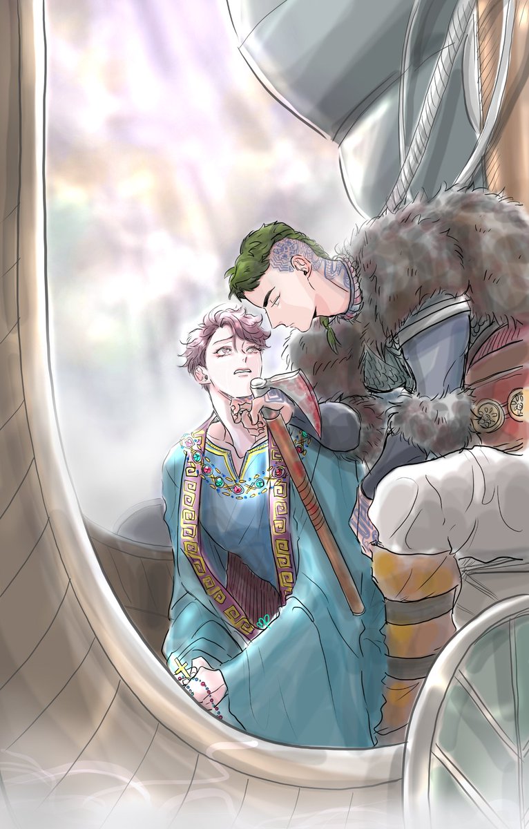 MintishP's tweet photo. 우시오이 -Valhalla

<금의환향>

바이킹이 솥뚜껑만한 손을 뻗었다.
"Du er den smukkeste ting, jeg nogensinde har set."
남자의 목소리는 낮고 깊었다. 
그러나 생경한 언어는 오이카와에게 마치 짐승의 으르렁거림처럼 들릴 뿐이었다.
"주여, 제발 자비를.."
오이카와는 울음 사이로 헐떡였다. https://t.co/Nl6uzjBBLW