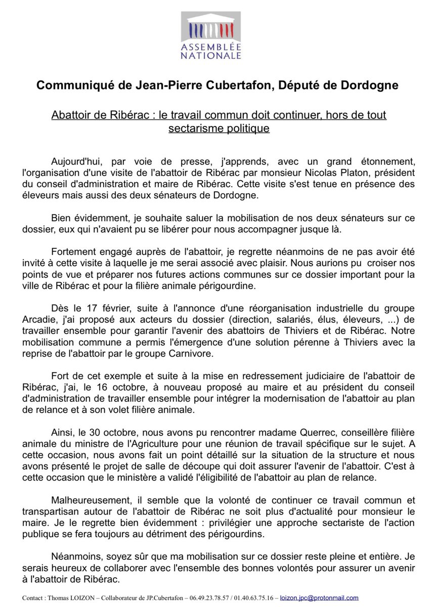 dep_cubertafon's tweet photo. 🔴 Abattoir de Ribérac - le travail commun doit continuer, hors de tout sectarisme politique.

Rien de puéril dans ce sujet important pour Ribérac et notre filière viande locale. https://t.co/lkZuxbJR0d