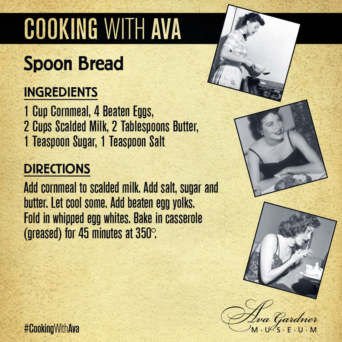 AvaMuseum's tweet photo. Still in need of some holiday recipe ideas? Try this recipe for Spoon Bread and get #CookingWithAva!

#AvaGardner #VisitJoCo #Recipe #Thanksgiving #Cooking #TCMParty https://t.co/FNf7xSNCLh