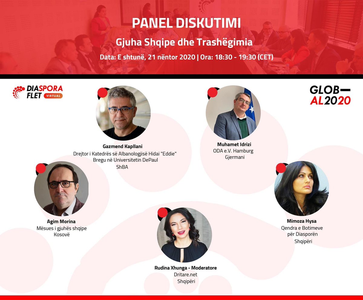 DSGashiRKS's tweet photo. Së shpejti: një diskutim mbi gjuhën dhe trashëgiminë, moderuar nga @RudinaXhunga me folësit Gazmend Kapllani (@gazikap), Mimoza Hysa, Muhamet Idrizi dhe Agim Morina. Mos e humbisni! @germinks #DiasporaFlet2020 https://t.co/HunZ4TKFyR