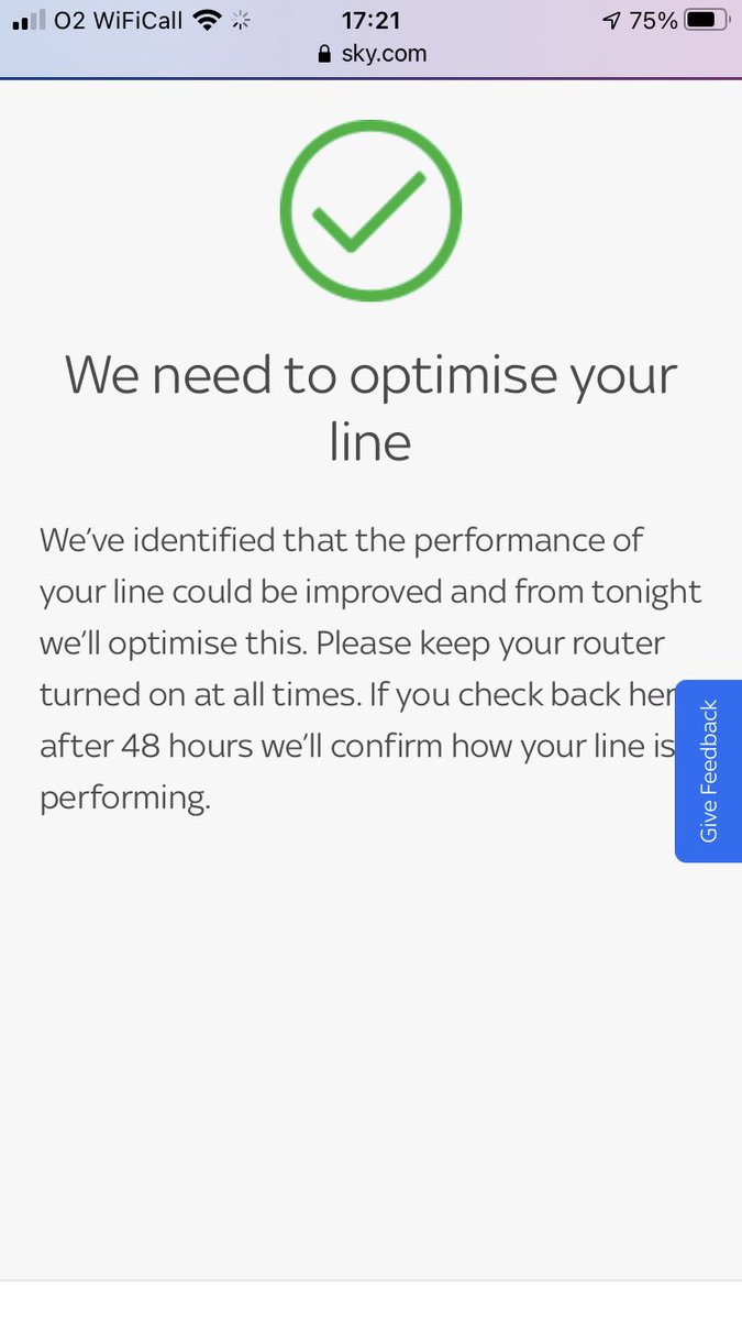 Rowenarickson's tweet photo. @SkyHelpTeam internet speeds appallingly slow. Been through all online checks 3 times in last week Still no improvement with the following message coming up each time. Please advise how this can be fixed. https://t.co/8SU71hiQiv