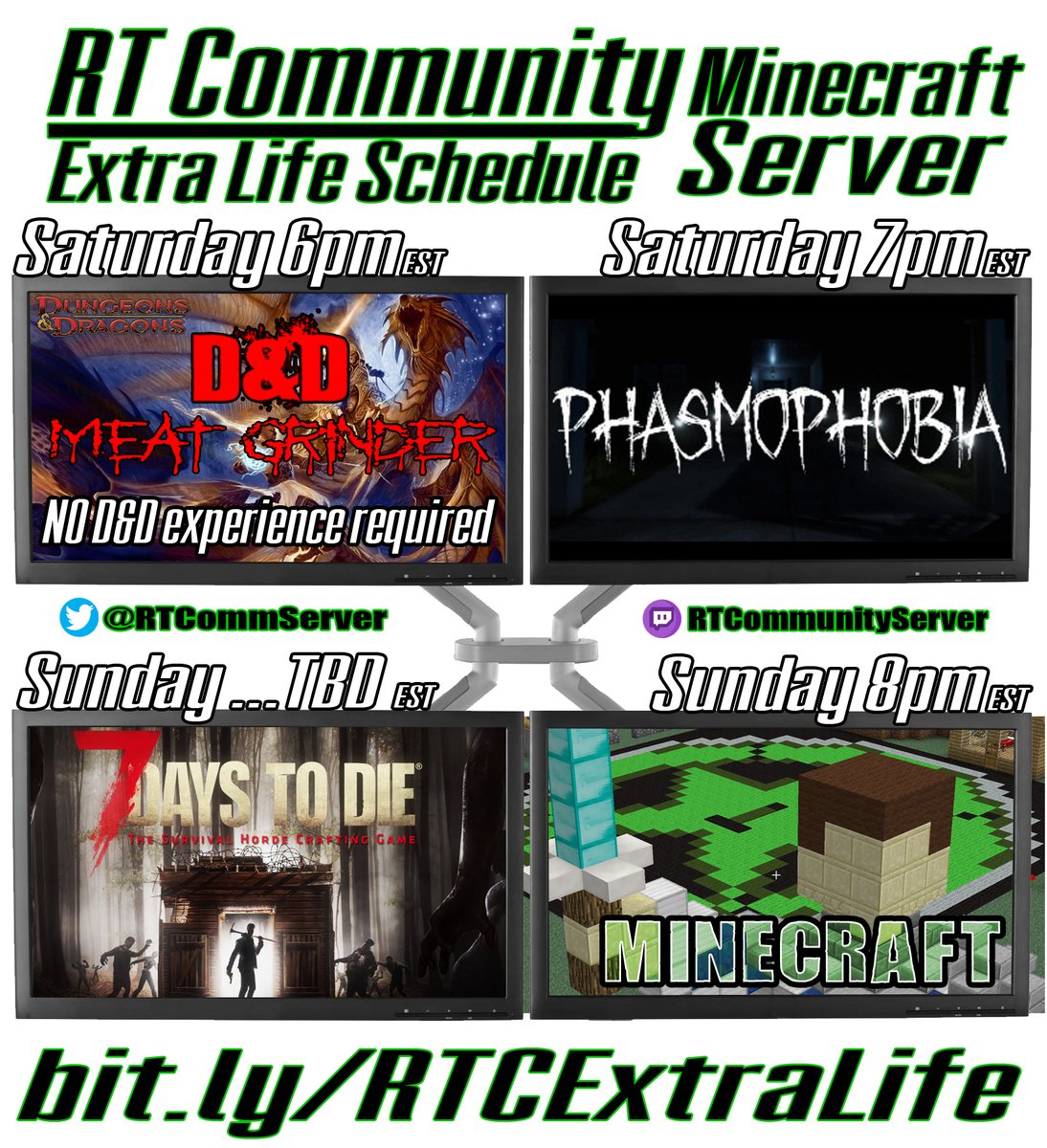 RTCommServer's tweet photo. Saturday &amp; Sunday Double Fun Days! 

D&amp;D will be (hopefully) a little fundraiser rush to end our first week on a high note. Audience members can watch &amp; pay to mess with players!

Sunday includes some...*checks notes* Minecraft... 

We do that? *Checks name* OH! We do, cool. ;) https://t.co/LS6QRJf6oH