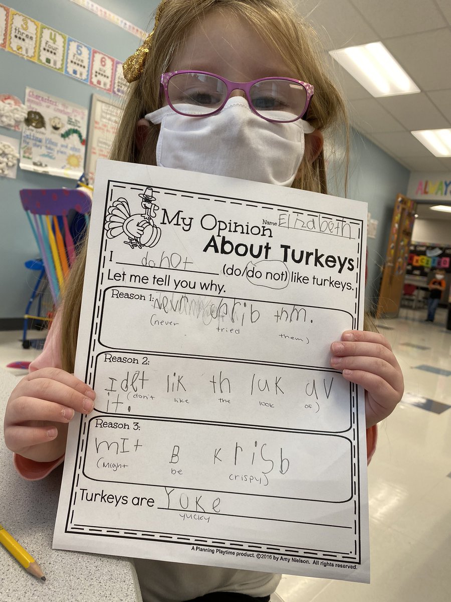 WVLuckyLearners's tweet photo. Need a Saturday smile? Look at the reasons these kinders do/do not like turkeys... My favorite reason has to be... “Might be crispy.” 🤣#kindergarten #WCconnects #ThanksgivingWriting https://t.co/SUeX8AzKq5