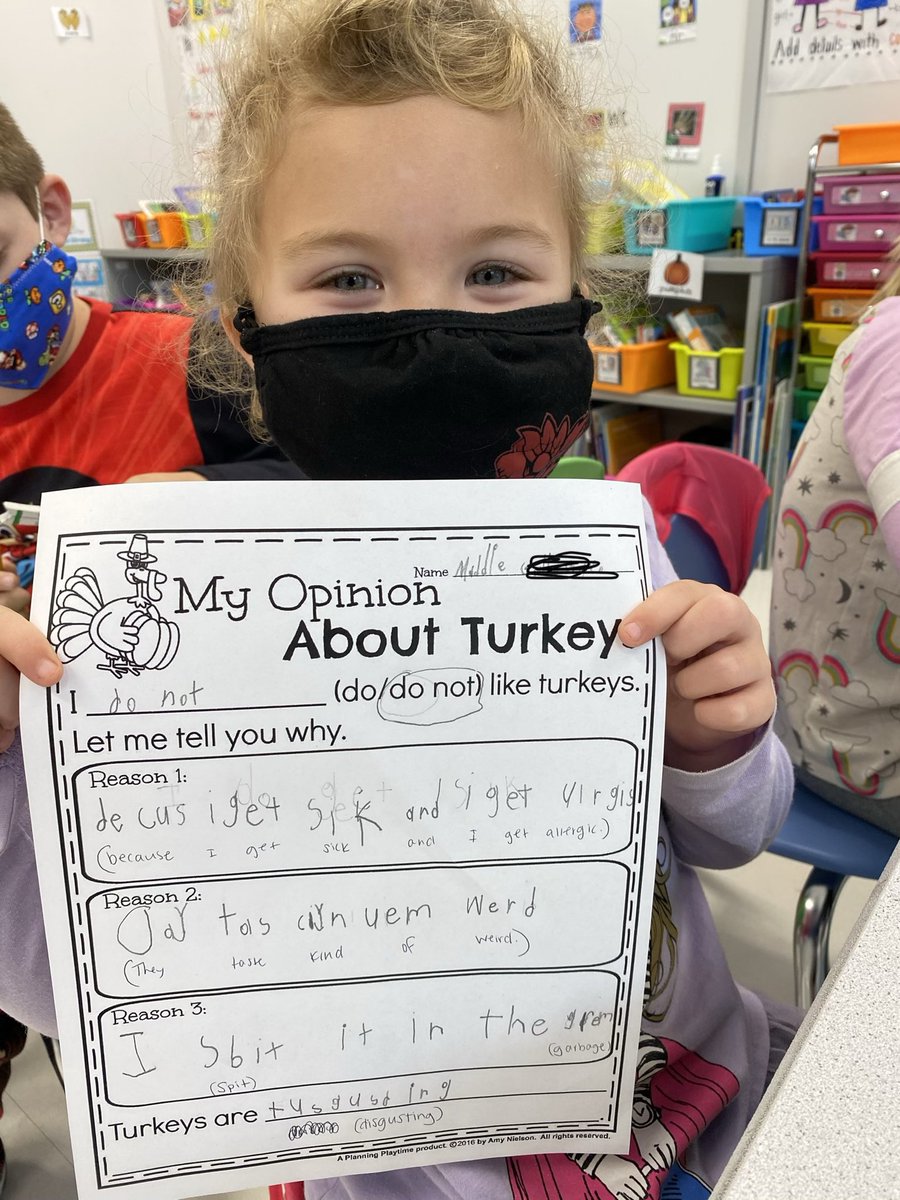 WVLuckyLearners's tweet photo. Need a Saturday smile? Look at the reasons these kinders do/do not like turkeys... My favorite reason has to be... “Might be crispy.” 🤣#kindergarten #WCconnects #ThanksgivingWriting https://t.co/SUeX8AzKq5