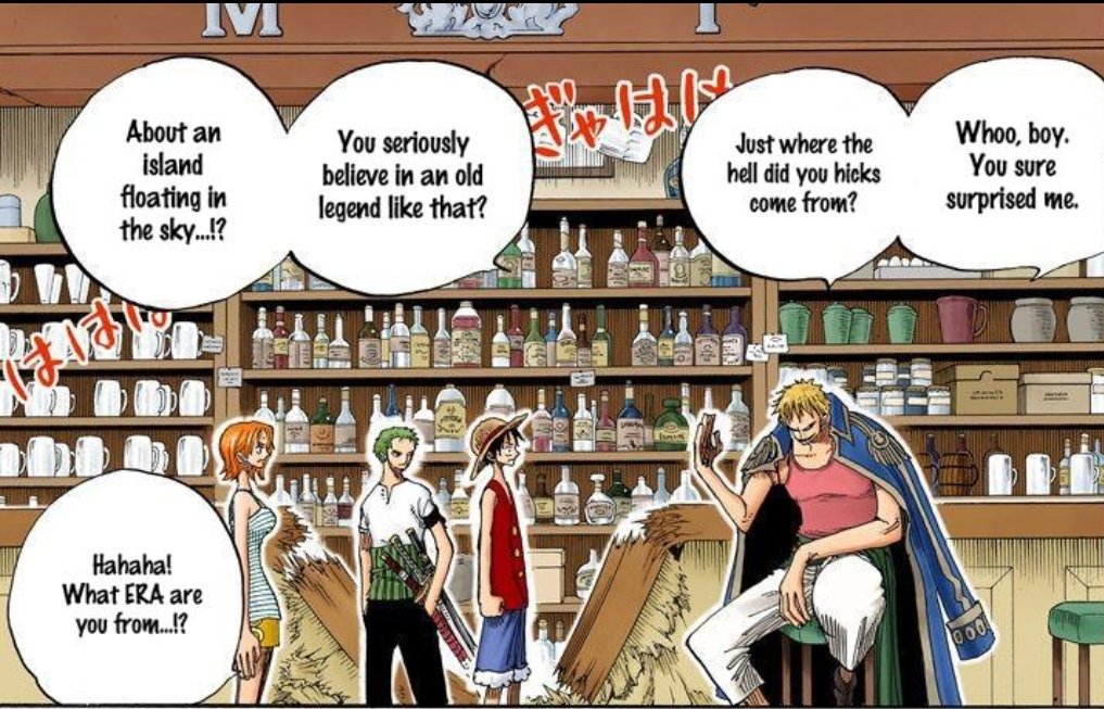in jaya, the strawhats' simple quieries about a sky island were met with jeers and laughter. they are belittled for their curiosity and told how the new age is full of idealists & simpletons. (5/26)