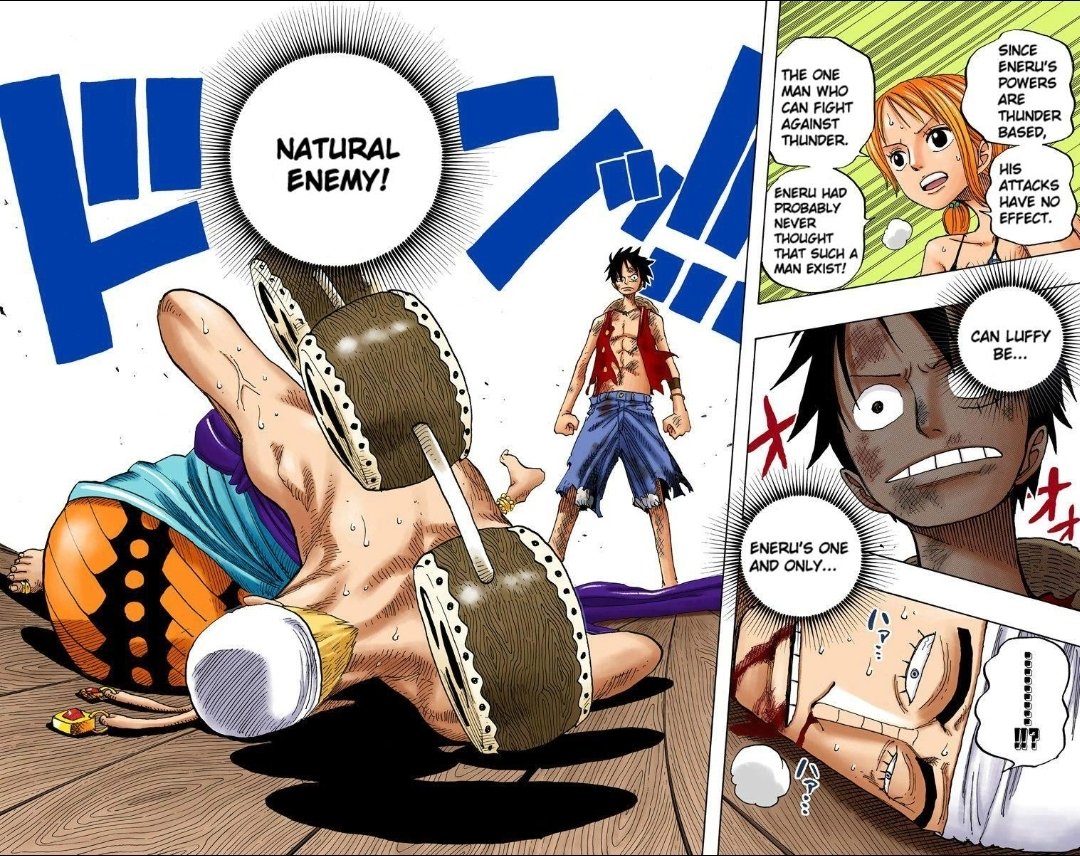 the double entendre of god's natural enemy serves to highlight luffy's role within the series. his rubber body provides a natural resistance to enel's lightning while his D family name marks him a natural enemy of the celestial dragons. his blood carries a rebellious will.(19/26)
