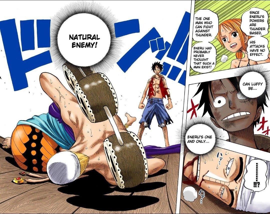 the double entendre of god& #39;s natural enemy serves to highlight luffy& #39;s role within the series. his rubber body provides a natural resistance to enel& #39;s lightning while his D family name marks him a natural enemy of the celestial dragons. his blood carries a rebellious will.(19/26)