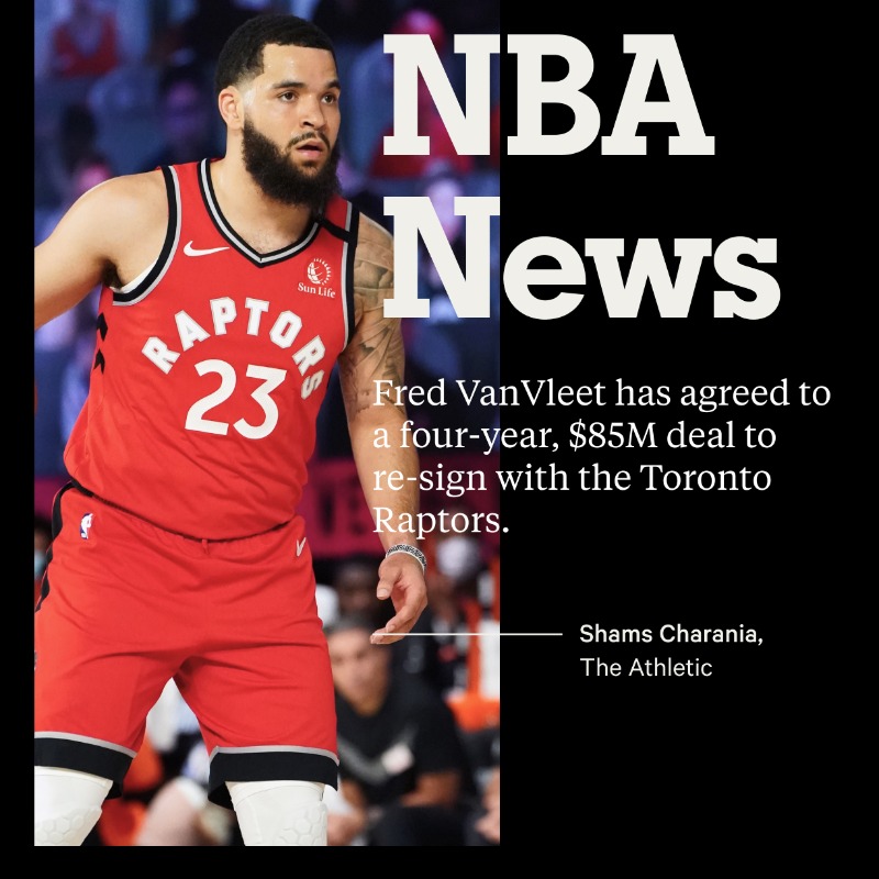 TheAthletic's tweet photo. JUST IN – @FredVanVleet will re-sign with the Raptors on a four-year, $85M deal, via @ShamsCharania.

👉 @TheAthleticNBA