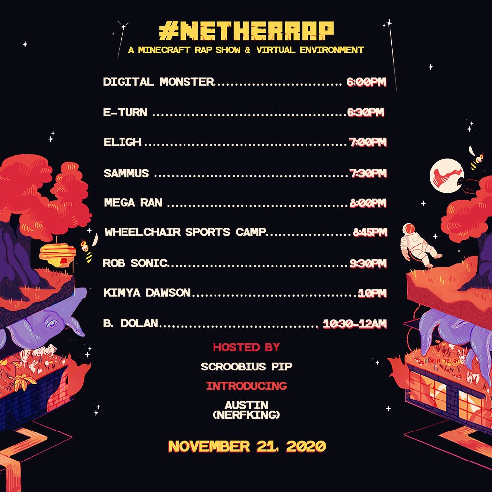 _DigitalMonster's tweet photo. Tonight’s set times EST. Stream via Twitch or attend virtually in Minecraft. https://t.co/mjmod2u82L for details.
#minecraft #virtualconcert #minecraftconcert #bdolan #megaran #kimyadawson #robsonic #sammus #eturnmusic #wheelchairsportscamp #digitalmonster #eligh #scroobiuspip https://t.co/j7smywMbMG