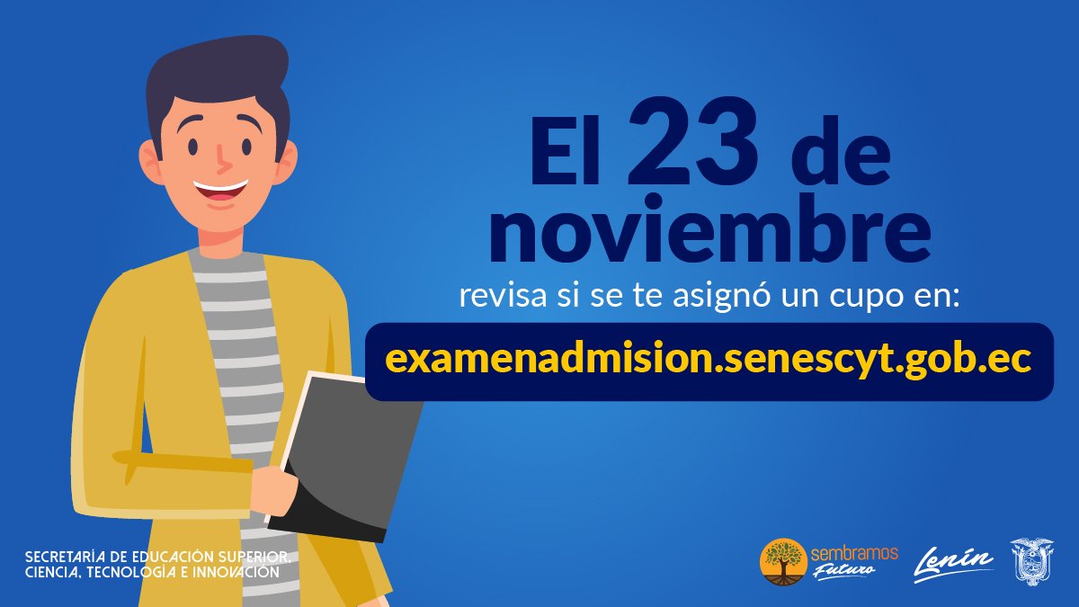 📣 ¡Atento!

➡ ¿Postulaste por un cupo para acceder a la educación superior? Revisa si lo obtuviste este 23 de noviembre. Si se te asignó, inicia tu proceso de matriculación. 

👨‍🎓 #Admisión2020