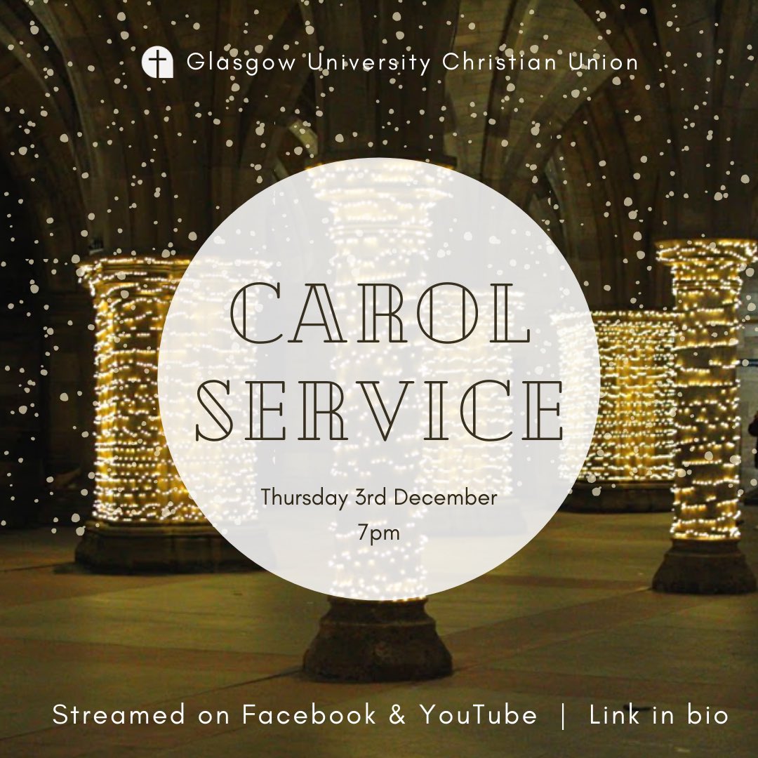 glasgowunicu's tweet photo. It’s that time of year again!!!

Join us Thursday December 3rd for our annual Carol Service!! 

Invite your friends and join us for an evening of carols, performances and a talk.

We’ll be streaming it on Facebook on YouTube - link in bio! https://t.co/5YlyDDxkpo