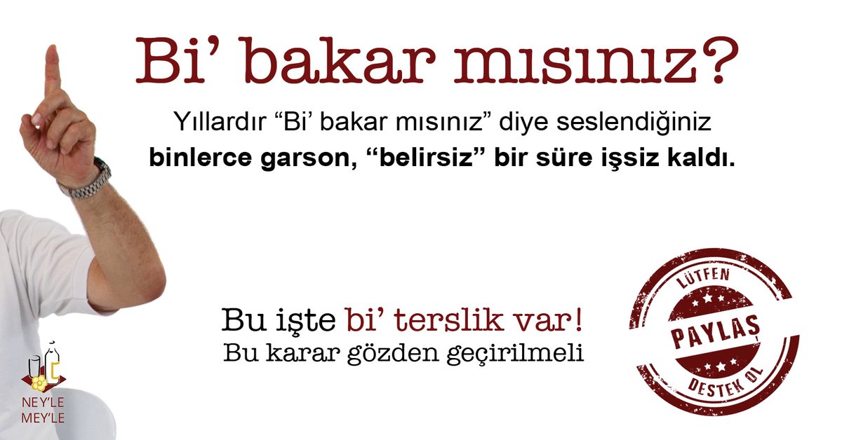 NeyleMeyle's tweet photo. Her yer açık, restoranlar paket servis şartıyla kapatıldı. Bir meyhane nasıl paket servis yapabilir? Binlerce garson işsiz kaldı. Diyeceğimiz odur ki "Bu işte bi' terslik var." Paylaşarak destek olur musunuz? #NeyleMeyle #BiTerslikVar #BirTerslikVar @beyogluesnafi https://t.co/3T13RndkJq