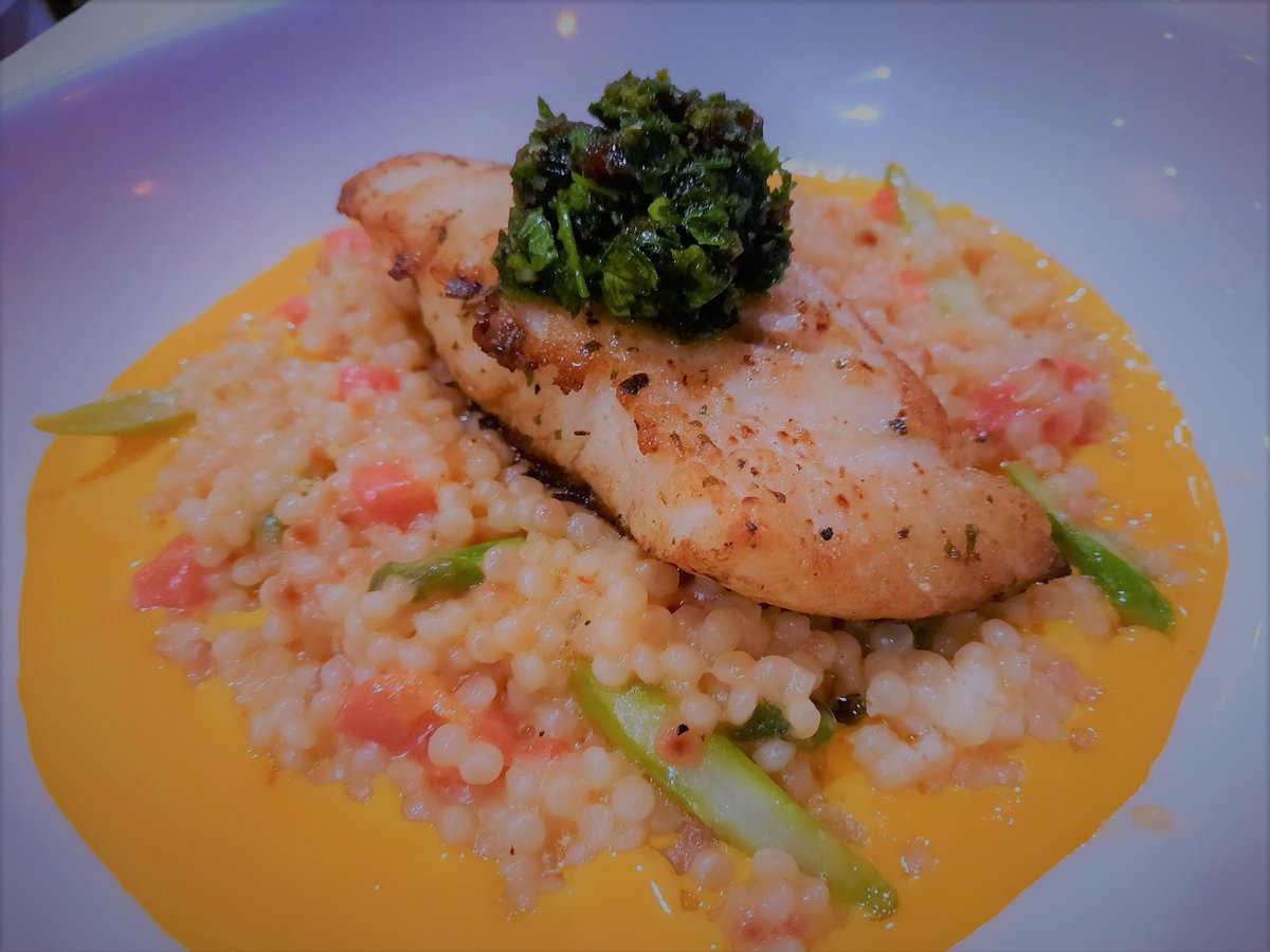 This weekend, we have a feature of Seared Halibut over Fregola and a saffron and orange cream sauce. Don't flounder around! Come get one before this great dish swims away! #FishFeature