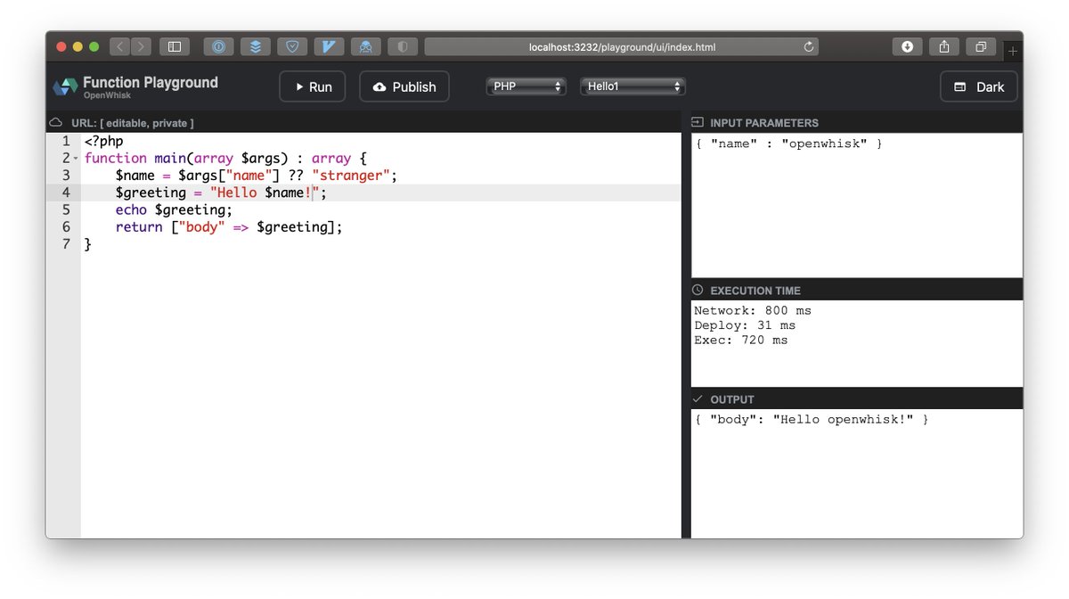 Rob Allen (@akrabat) on Twitter photo Making progress on a PHP 8 runtime for <a href="/openwhisk/">Apache OpenWhisk</a> today.
Also discovered that the standalone version of OpenWhisk comes with Functions Playgrounds of the box which is a useful feature! Making progress on a PHP 8 runtime for <a href="/openwhisk/">Apache OpenWhisk</a> today.
Also discovered that the standalone version of OpenWhisk comes with Functions Playgrounds of the box which is a useful feature!