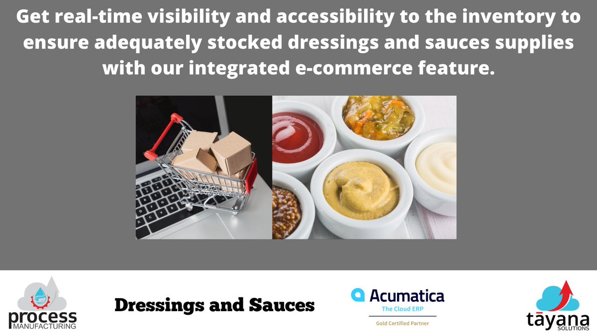 TayanaSolutions's tweet photo. Get real time visibility to the inventory to ensure adequately stocked dressings and sauces supplies with our integrated ecommerce feature.
#marketingautomation #sauces #dresssings #acumatica #erpsolutions #integratedecommerce https://t.co/zzJmKe48Mk
