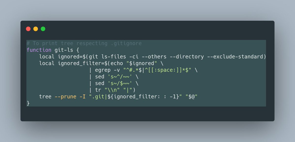 theapache64's tweet image. Here&apos;s one shell function to `ls` by respecting .gitignore 

This means typing `git-ls` will ignore files and folders defined in your .gitignore.

#devtips #gittips