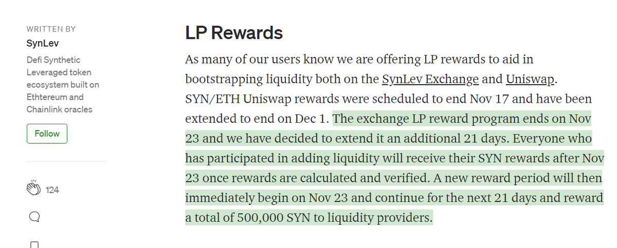 Side note: Synlev is currently giving away  $SYN to anyone who stakes  $ETH on the platform right now... I do not want to print the yields because they're godly Details:  https://synlev.medium.com/synlev-post-launch-update-241b979a1c9d11/x