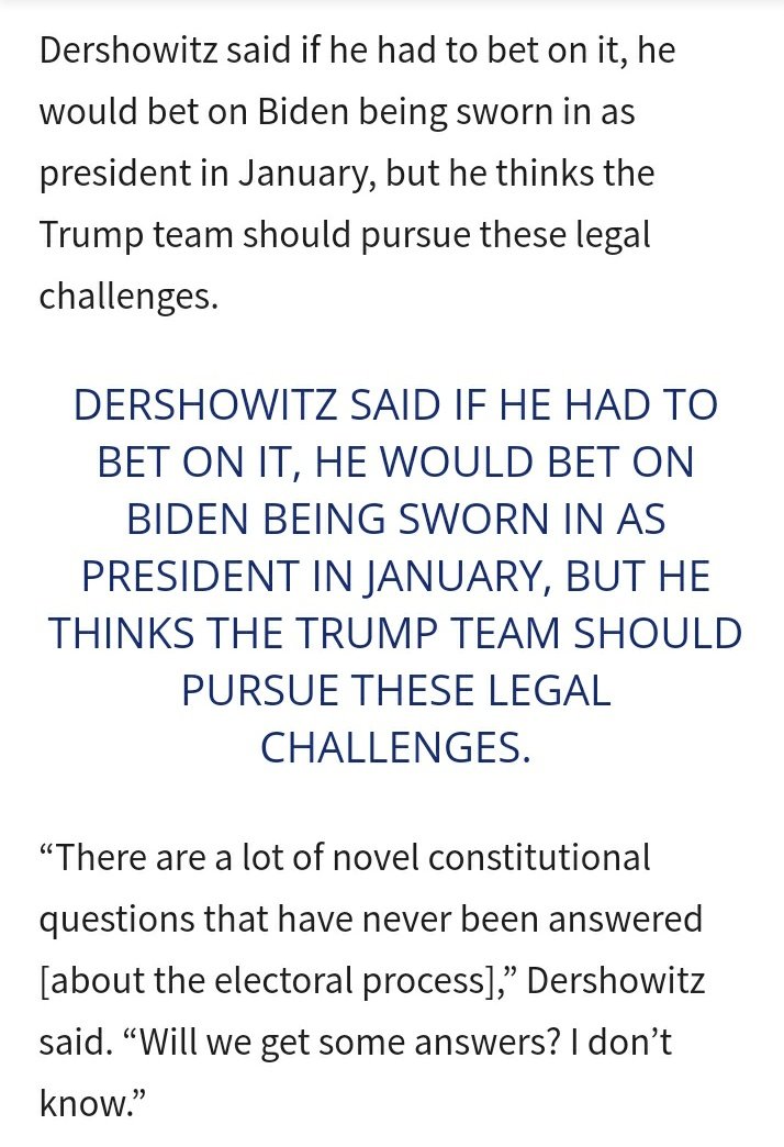 Maajid says few of us realise that Trump's lawyer Dershowitz has predicted this will end in victory for TrumpDershowitz says Trump team could win the legal point, but would be unlikely to overturn the PA result. He predicts Biden will be inaugurated https://jewishjournal.com/news/325149/dershowitz-it-will-be-a-tall-order-for-trump-lawsuits-to-overturn-election/