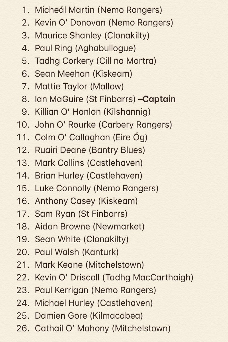 PaudieP's tweet photo. The @OfficialCorkGAA senior team management have selected their match day 26 for tomorrow’s  @MunsterGAA final. Seanie Powter and Kevin Flahive replaced by Paul Ring and Tadgh Corkery. Added to the panel, Cathal O Mahony and Aidan Browne. https://t.co/m03oyjvMPY