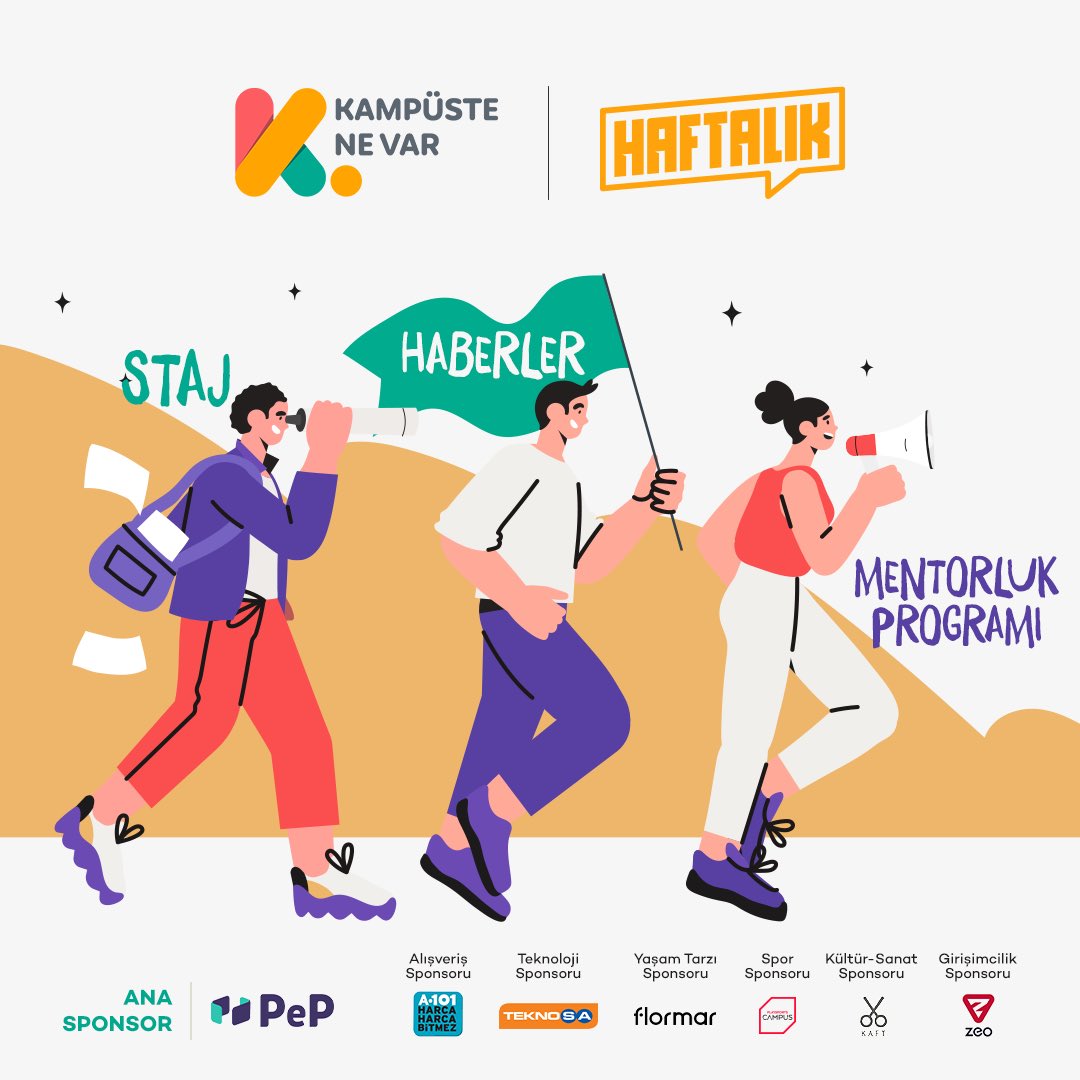 Medya&amp;iletişim sponsorumuz <a href="/kampustenevar/">Kampüste Ne Var</a> yenilenen yüzü ve yeni projeleri ile yeniden keşfet!Yeni Haftalık sistemi ile ürettiğin her içerik başına100TL kazanma fırsatı yakala;staj,MT ve mentorluk programlarına başvur!Ayrıca Kampüste Ne Var ve Haftalık sponsorlarından sürprizler