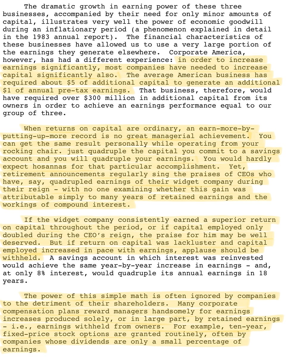 34/For example, here's a snippet from Buffett's 1985 letter arguing that *return on capital* is a far better yardstick for determining executive compensation than *earnings per share*.Link:  https://www.berkshirehathaway.com/letters/1985.html