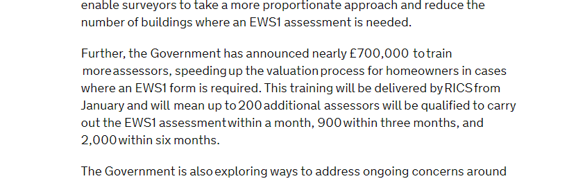 As part of its drive to speed up the EWS checking process for buildings, the government has launched a new 'lightening quick' training programme for new qualified building inspectors that can sign off EWS forms. The targets are pretty ambitious.