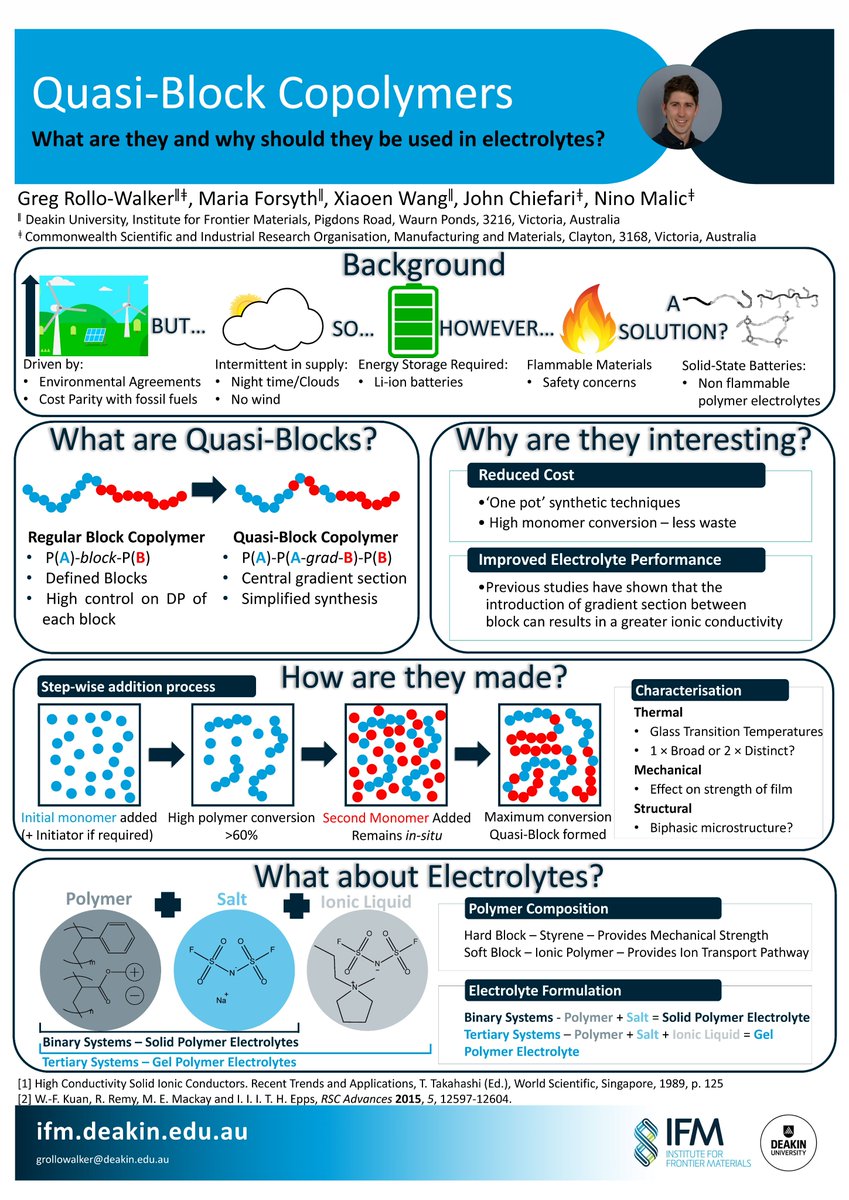 Greg_Rollo_Chem's tweet photo. Introducing quasi-block copolymers for their use as electrolyte materials in batteries 

#science #research #electrochemisty #polymers #batteries #PhD  

#IFMconfposter #IFMconf1 #IFMelectromaterials https://t.co/OmHsaARygp