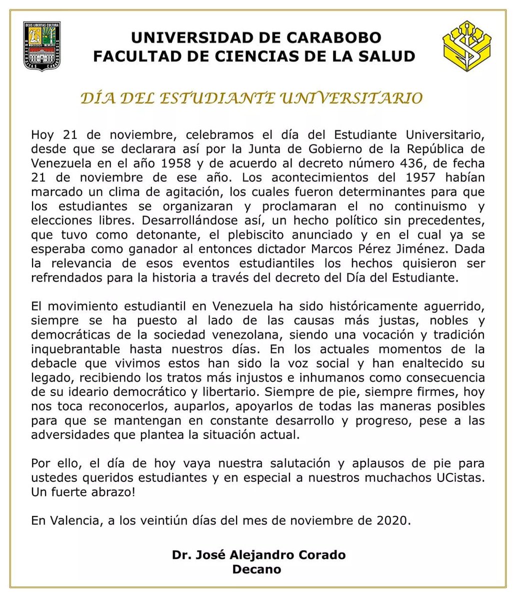 Hoy 21 de noviembre, celebramos el día del Estudiante Universitario, desde que se declarara así por la Junta de Gobierno de la República de Venezuela en el año 1958. Vaya el día de hoy nuestra salutación y aplausos de pie para nuestros muchachos UCistas. Un fuerte abrazo!