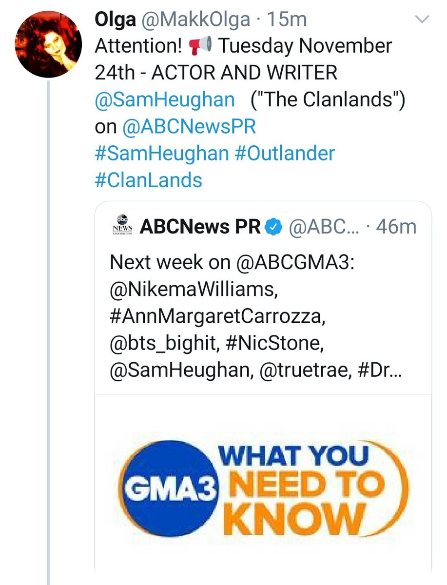 Still on Friday,  @MakkOlga posted another important info about Sam appearing on ABC GMA3 on Tuesday, 24th Nov. Noted! Thx, Olga! 