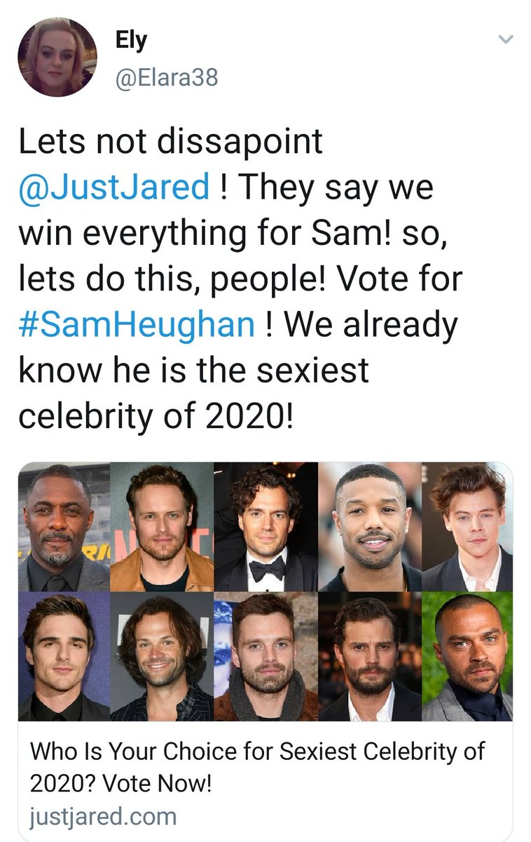 Adding two other polls that stayed with us for almost the entire week. 1. Scotland's greatest telly star. 2. JustJared's Sexiest Celebrity of 2020I know.. i know... we have been voting like crazy .. @A_Ghraidh said best! But.. it is for Sam  #SamHeughan