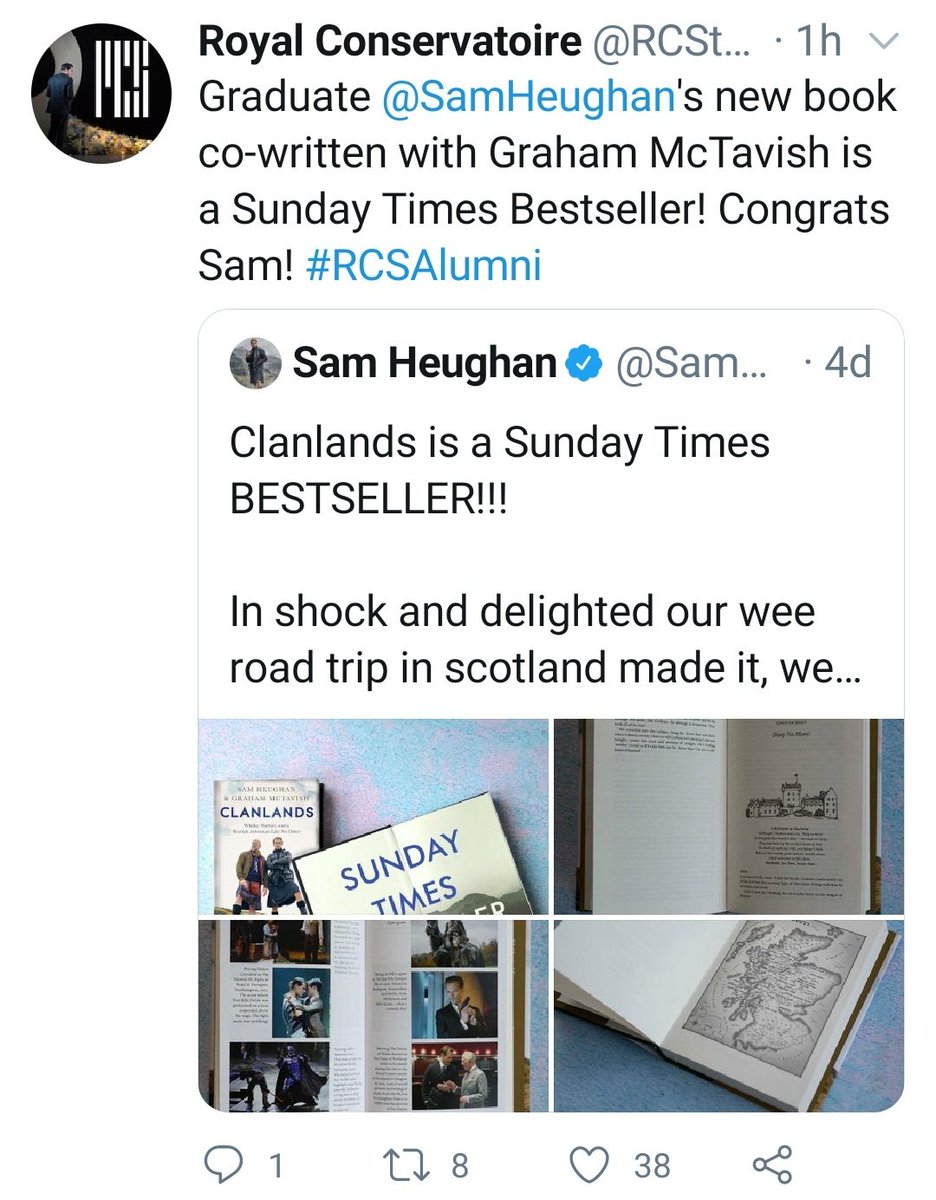 Manic Monday was living up to its name so two more Sam shoutours. First the Royal Conservatoire of Scotland proudly congratulated their graduate on the success of his  #clanlandsbook. Second,  @Bloodshot was nominated at  #googleplaybestof Users Choice Awards !  #SamHeughan