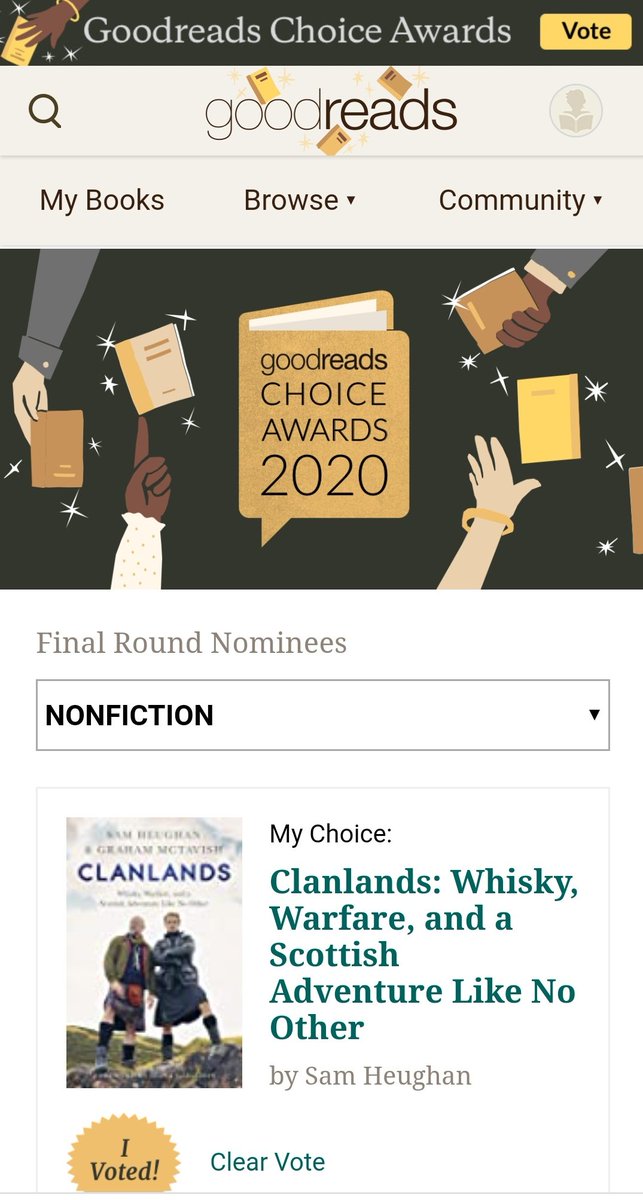 And another great Tuesday news was the nomination of  #clanlandsbook for the  #GoodReads Best Books 2020, Best Nonfiction.  #clanlandsbook is in the final round, so please vote for it if you didnt till now! #SamHeughan