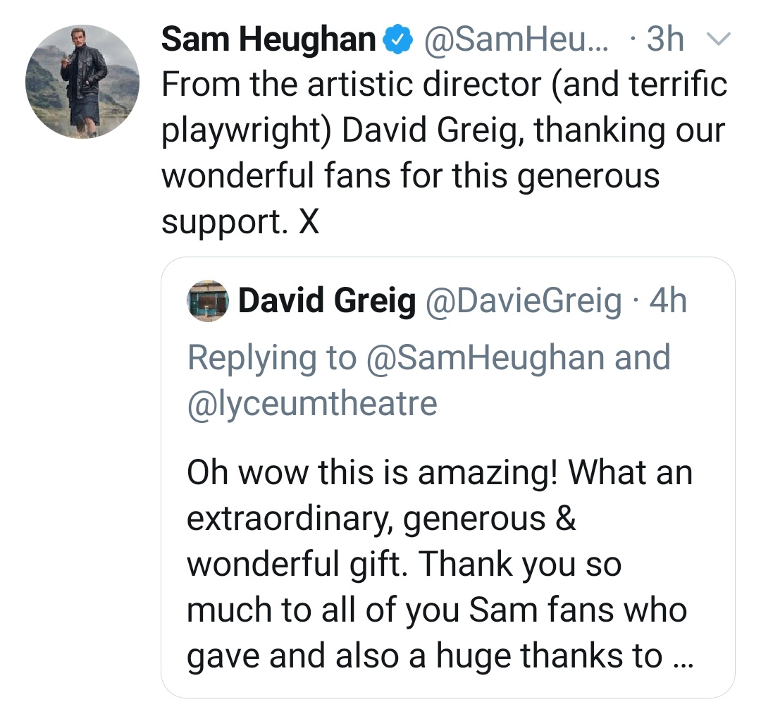 Tuesday kept being wonderful! Sam announced that Christmas came early for him in the shape of  @SaveASeatForSam! Wonderful! Not only Sam but also David Greig, the artistic director of Lyceum Theatre, thanked  @SavannahhForge,  @peekaboo_jen and fans for the gift. #SamHeughan