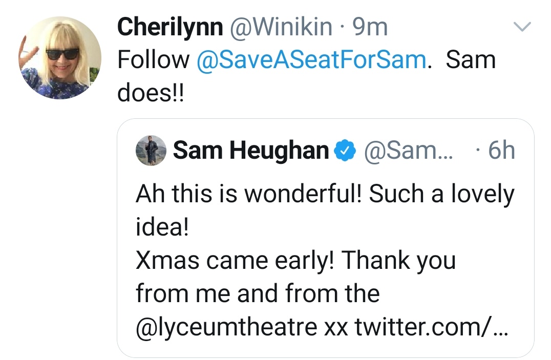Tuesday kept being wonderful! Sam announced that Christmas came early for him in the shape of  @SaveASeatForSam! Wonderful! Not only Sam but also David Greig, the artistic director of Lyceum Theatre, thanked  @SavannahhForge,  @peekaboo_jen and fans for the gift. #SamHeughan