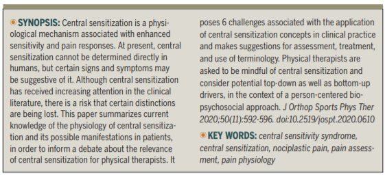Central Sensitization in Musculoskeletal Pain: Lost in Translation?

<a href="/pain_hub/">Hubert van Griensven</a>, <a href="/UniofHerts/">University of Hertfordshire</a>, <a href="/AnninaBSchmid/">Annina Schmid</a>, <a href="/UniofOxford/">University of Oxford</a>, <a href="/MattLowPT/">Matthew Low</a>, <a href="/BU_Orthopaedic/">Orthopaedic Research Institute</a>, T Trendafilova, #PainEducation, #Physiotherapy, #Acupuncture, <a href="/JOSPT/">JOSPT Community</a>, #pain.

jospt.org/doi/pdf/10.251…