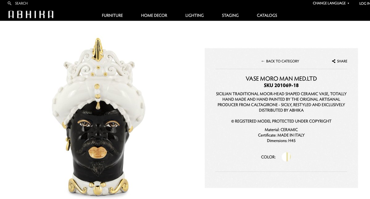 metaphorme's tweet photo. @tmagazine One of the florists you feature, LACHAUME, prominently sells blackface ceramic vases and objets d'art that revive 19th c orientalist fantasies. @nytimes's uncritical (unintentional?) lauding of this sort of business normalizes anti-muslim, anti-black hegemonies. https://t.co/WoVmpQNB1o