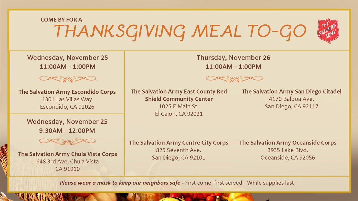 The <a href="/SalvationArmy4U/">Salvation Army SD</a> is providing free Thanksgiving meals to-go next week at locations across San Diego County. Find sites and times at ow.ly/XL7s50CqQ15