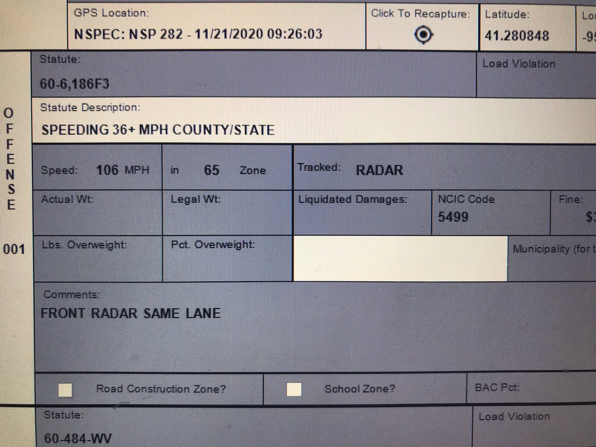 NSP_TroopA's tweet photo. Troopers stopped this driver traveling 106mph in a 65mph zone on Highway 75 near Lake Street. Please obey all posted speed limit signs.  #NSP282 https://t.co/LRYU9PR8QZ