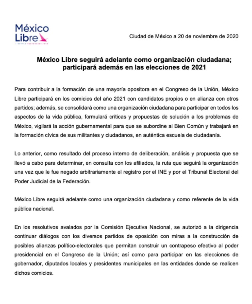 LibreJuvenil's tweet photo. 🗣️Comunicado importante de México Libre para el público en general!
México Libre seguira adelante como Organización Ciudadana.
A seguir preparandonos para Participará en las elecciones del 2021.
#MéxicoLibreVa https://t.co/TOwOQ9GI9p