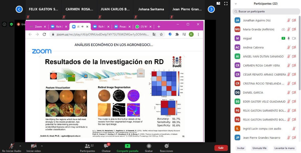 espae's tweet photo. El profesor @agabad5, director del @InariAILab del @ctiespol, fue el invitado ayer en la clase de Agronegocios de @MaluGranda, con la #MAS4, para hablar sobre el uso de deep learning en aplicaciones industriales y en en el sector retail. https://t.co/YiHpiqjGcX