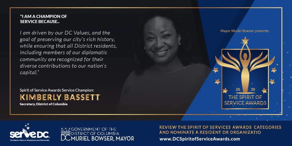 ServeDC's tweet photo. The #DCSpiritOfService Awards Champion Circle embodies our mission and personifies #DCValues.
Meet Champion Kimberly Basset @SecretaryofDC, Secretary for the District of Columbia Government.
Nominate a leader in your community TODAY at https://t.co/0hR7k1O42W! #DoGoodDC https://t.co/HymB7YUOws