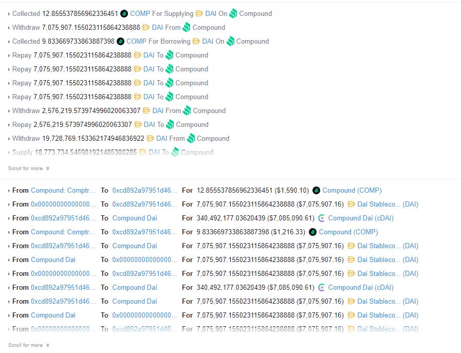 It appears we may have just seen our latest DeFi flash loan attack.$20m in DAI stolen - potentially the biggest flash loan attack since Harvest a month ago, which took $30m in stables.(h/t to  @mattybchats for spotting this tx)