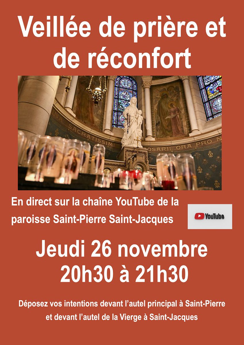 Veillée de #prière et de #réconfort jeudi 26 novembre, qui sera transmise en direct sur la chaîne YouTube de notre paroisse.
C’est l’occasion de soutenir chacun dans cette période, de prier les uns pour les autres, et tous ensemble 🙏